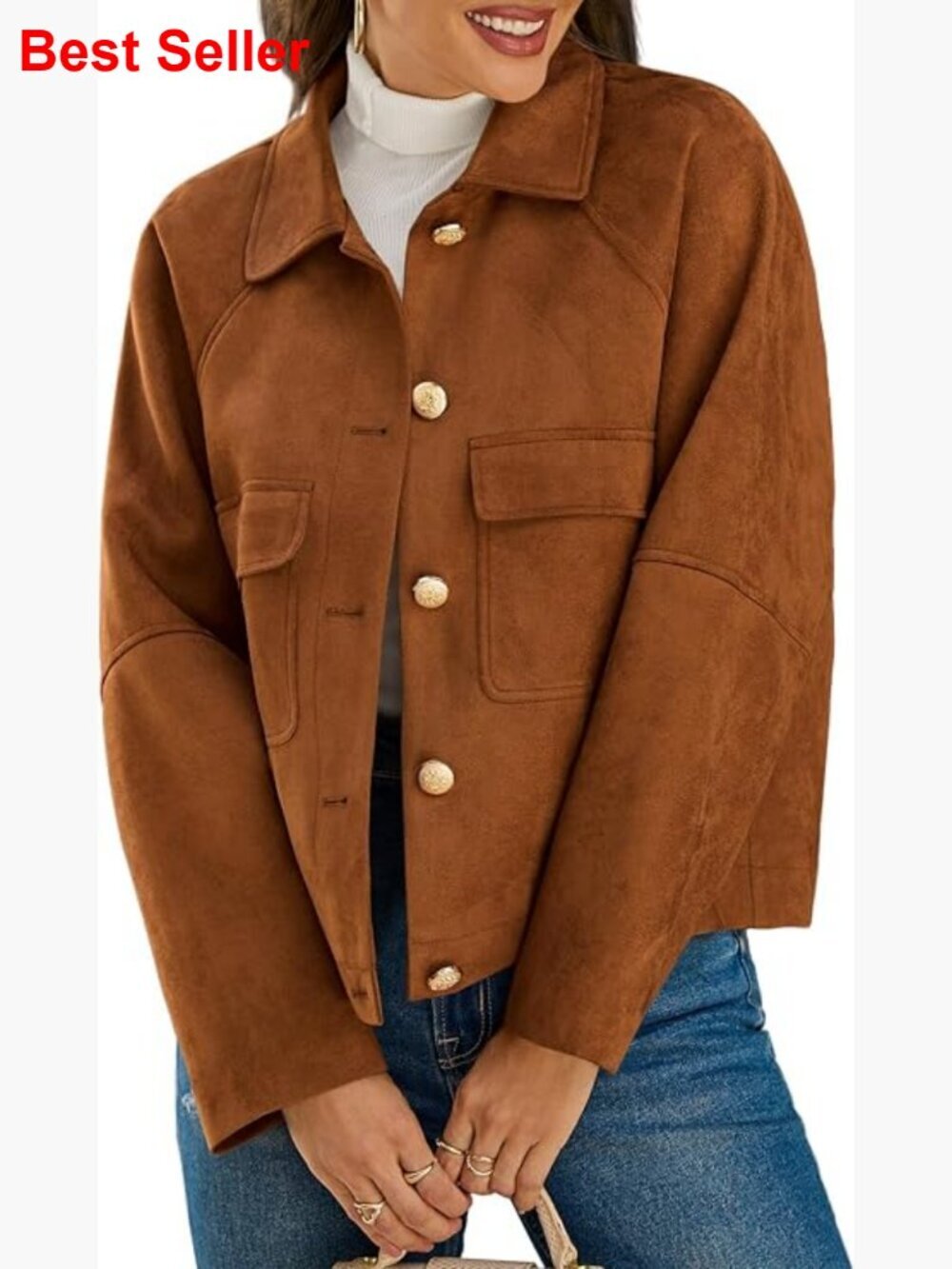 Faux Suede Leather Cropped Jacket Oversized Lapel Collar Button Down Vintage